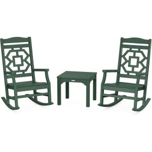 Martha Stewart by POLYWOOD Chinoiserie 3-Piece Outdoor Rocking Chair Set with Patio Side Table, Black, HDPE All-Weather Furniture, Classic Porch Rockers for Deck, Garden & Backyard, Made in The USA(Green)