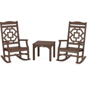 Martha Stewart by POLYWOOD Chinoiserie 3-Piece Outdoor Rocking Chair Set with Patio Side Table, Black, HDPE All-Weather Furniture, Classic Porch Rockers for Deck, Garden & Backyard, Made in The USA(Mahogany)