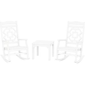 Martha Stewart by POLYWOOD Chinoiserie 3-Piece Outdoor Rocking Chair Set with Patio Side Table, Black, HDPE All-Weather Furniture, Classic Porch Rockers for Deck, Garden & Backyard, Made in The USA(White)