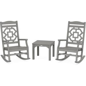 Martha Stewart by POLYWOOD Chinoiserie 3-Piece Outdoor Rocking Chair Set with Patio Side Table, Black, HDPE All-Weather Furniture, Classic Porch Rockers for Deck, Garden & Backyard, Made in The USA(Slate Grey)