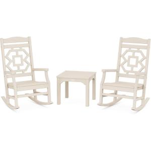 Martha Stewart by POLYWOOD Chinoiserie 3-Piece Outdoor Rocking Chair Set with Patio Side Table, Black, HDPE All-Weather Furniture, Classic Porch Rockers for Deck, Garden & Backyard, Made in The USA(Sand)