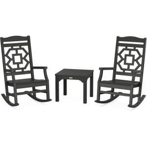 Martha Stewart by POLYWOOD Chinoiserie 3-Piece Outdoor Rocking Chair Set with Patio Side Table, Black, HDPE All-Weather Furniture, Classic Porch Rockers for Deck, Garden & Backyard, Made in The USA(Black)