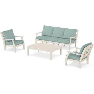 Martha Stewart by POLYWOOD® Chinoiserie 4-Piece Deep Seating Set with Sofa in Black/Dune Burlap(Sand / Glacier Spa)