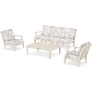 Martha Stewart by POLYWOOD® Chinoiserie 4-Piece Deep Seating Set with Sofa in Black/Dune Burlap(Sand / Leaf Dune Burlap)