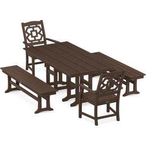 Martha Stewart by POLYWOOD® Chinoiserie 5-Piece Farmhouse Dining Set with Benches in Sand(Mahogany)