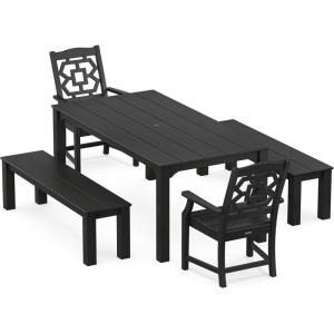 Martha Stewart by POLYWOOD® Chinoiserie 5-Piece Parsons Dining Set with Benches (Exclusive) in Slate Grey(Black)