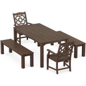 Martha Stewart by POLYWOOD® Chinoiserie 5-Piece Parsons Dining Set with Benches (Exclusive) in Slate Grey(Mahogany)