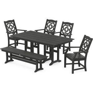 Martha Stewart by POLYWOOD® Chinoiserie 6-Piece Farmhouse Dining Set with Bench in Black(Black)
