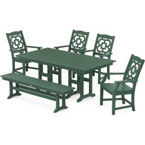 Martha Stewart by POLYWOOD® Chinoiserie 6-Piece Farmhouse Dining Set with Bench in Black(Green)