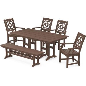 Martha Stewart by POLYWOOD® Chinoiserie 6-Piece Farmhouse Dining Set with Bench in Black(Mahogany)