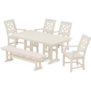 Martha Stewart by POLYWOOD® Chinoiserie 6-Piece Farmhouse Dining Set with Bench in Black(Sand)