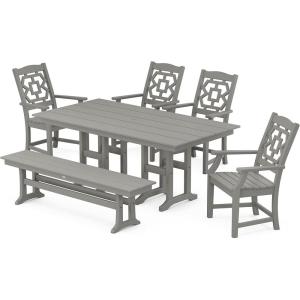 Martha Stewart by POLYWOOD® Chinoiserie 6-Piece Farmhouse Dining Set with Bench in Black(Slate Grey)