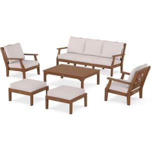 Martha Stewart by POLYWOOD® Chinoiserie 6-Piece Lounge Sofa Set in Mahogany/Spiced Burlap(Teak / Dune Burlap)