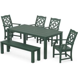 Martha Stewart by POLYWOOD® Chinoiserie 6-Piece Parsons Dining Set with Bench (Exclusive) in Mahogany(Green)