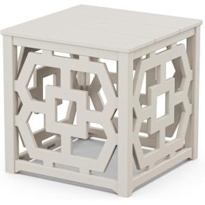 Martha Stewart by POLYWOOD Chinoiserie Outdoor Umbrella Stand Accent Table, White Lattice 22″x22″ Square, Durable HDPE All-Weather Small Patio Furniture for Backyard, Deck, Garden, Made in The USA(Sand)