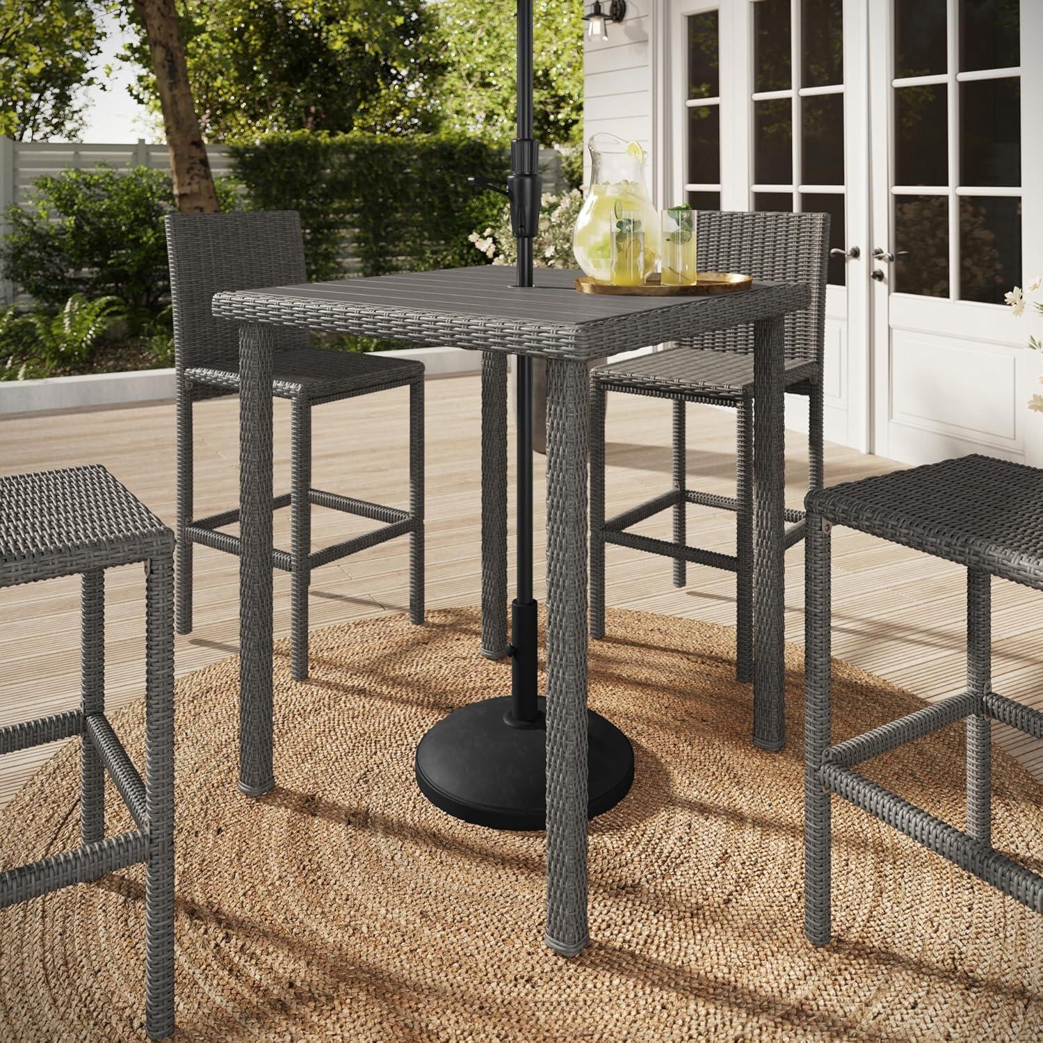 imageMartha Stewart Bedford 37 Square IndoorOutdoor Patio Bar Height Table with Faux Wood Top and Rattan Wicker Finish in GrayGrey