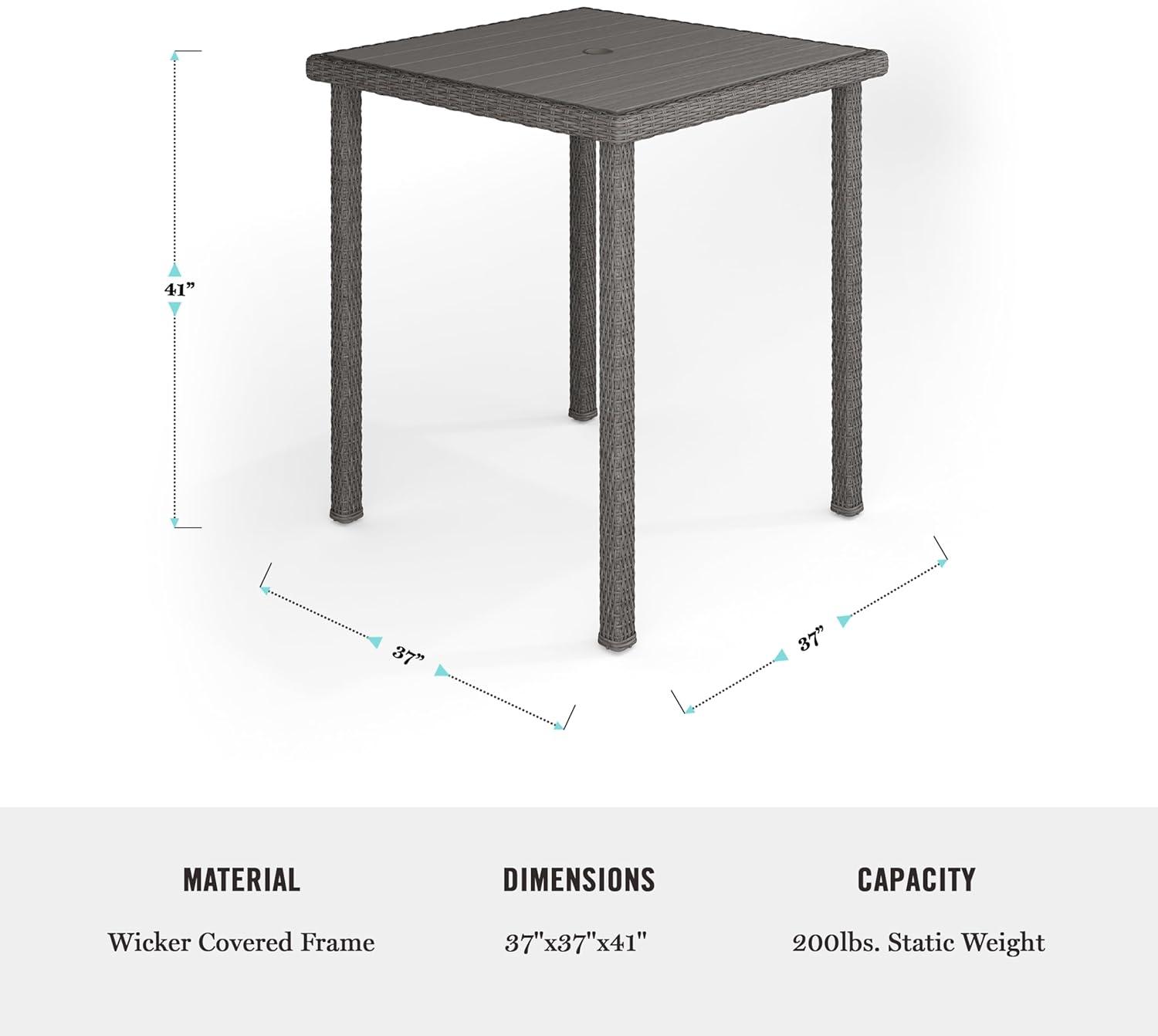 imageMartha Stewart Bedford 37 Square IndoorOutdoor Patio Bar Height Table with Faux Wood Top and Rattan Wicker Finish in GrayGrey