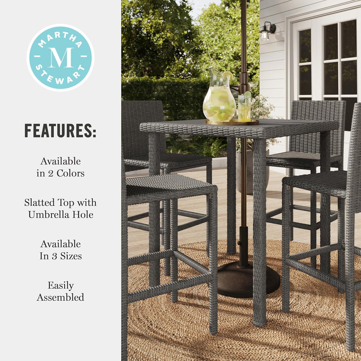 imageMartha Stewart Bedford 37 Square IndoorOutdoor Patio Bar Height Table with Faux Wood Top and Rattan Wicker Finish in GrayGrey
