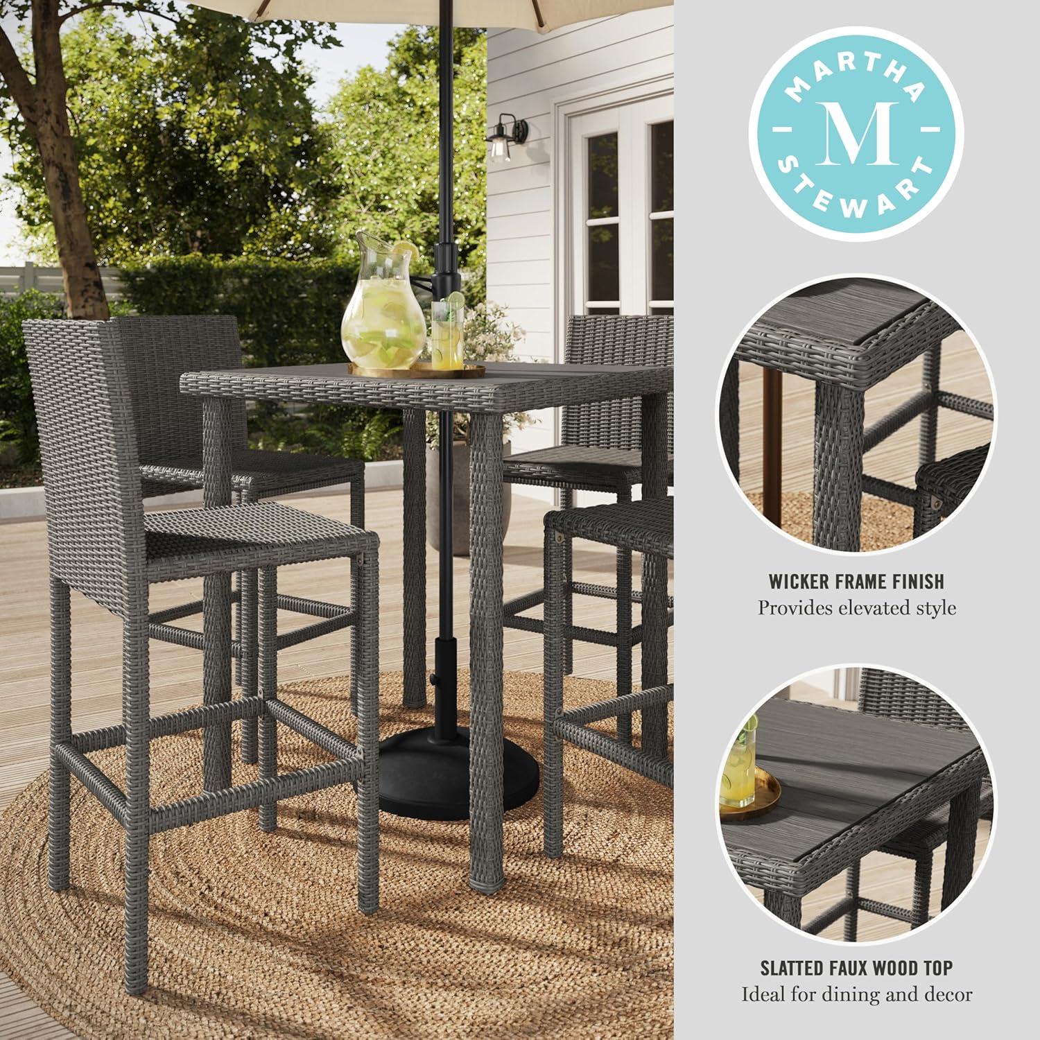 imageMartha Stewart Bedford 37 Square IndoorOutdoor Patio Bar Height Table with Faux Wood Top and Rattan Wicker Finish in GrayGrey