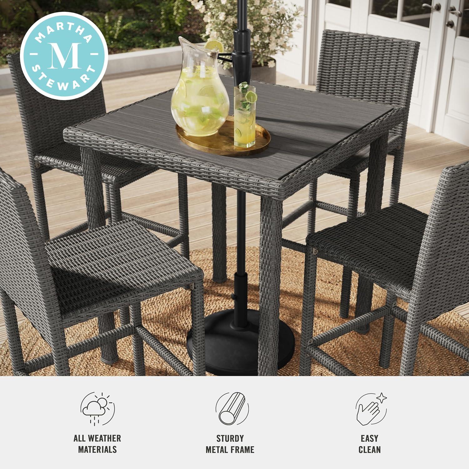 imageMartha Stewart Bedford 37 Square IndoorOutdoor Patio Bar Height Table with Faux Wood Top and Rattan Wicker Finish in GrayGrey