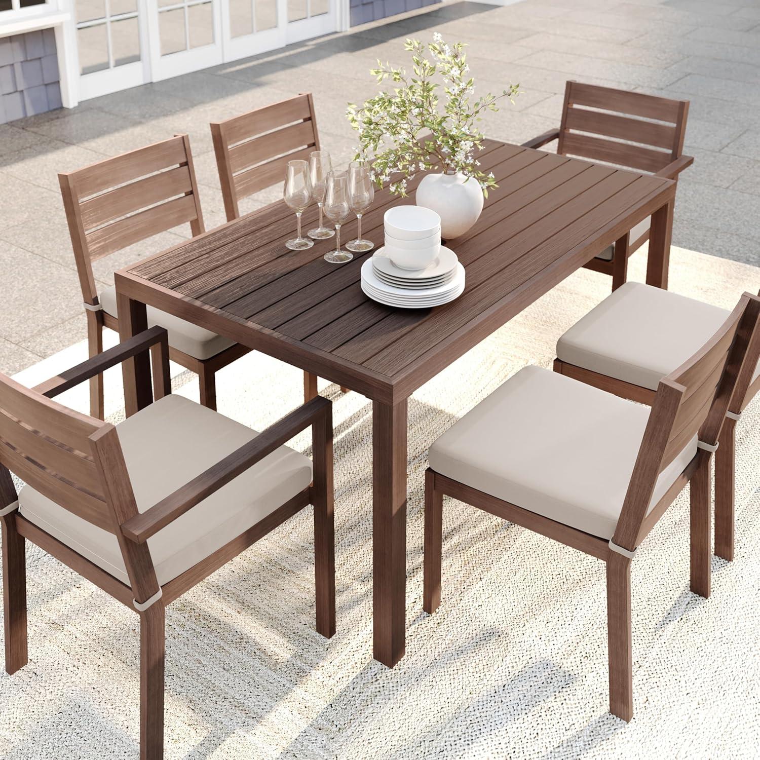 imageMartha Stewart Bedford 62 IndoorOutdoor Aluminum Patio Table with Umbrella Hole and Brushed Woodgrain Finish in BrownBrown