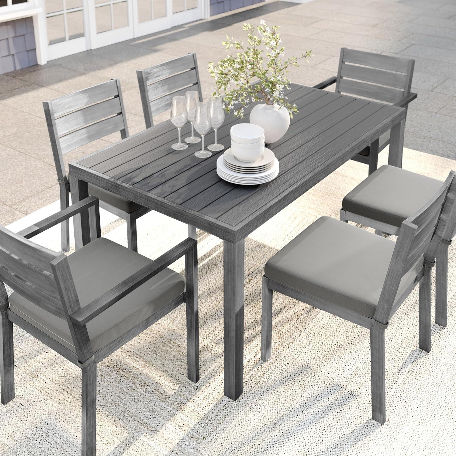 imageMartha Stewart Bedford 62 IndoorOutdoor Aluminum Patio Table with Umbrella Hole and Brushed Woodgrain Finish in BrownGrey