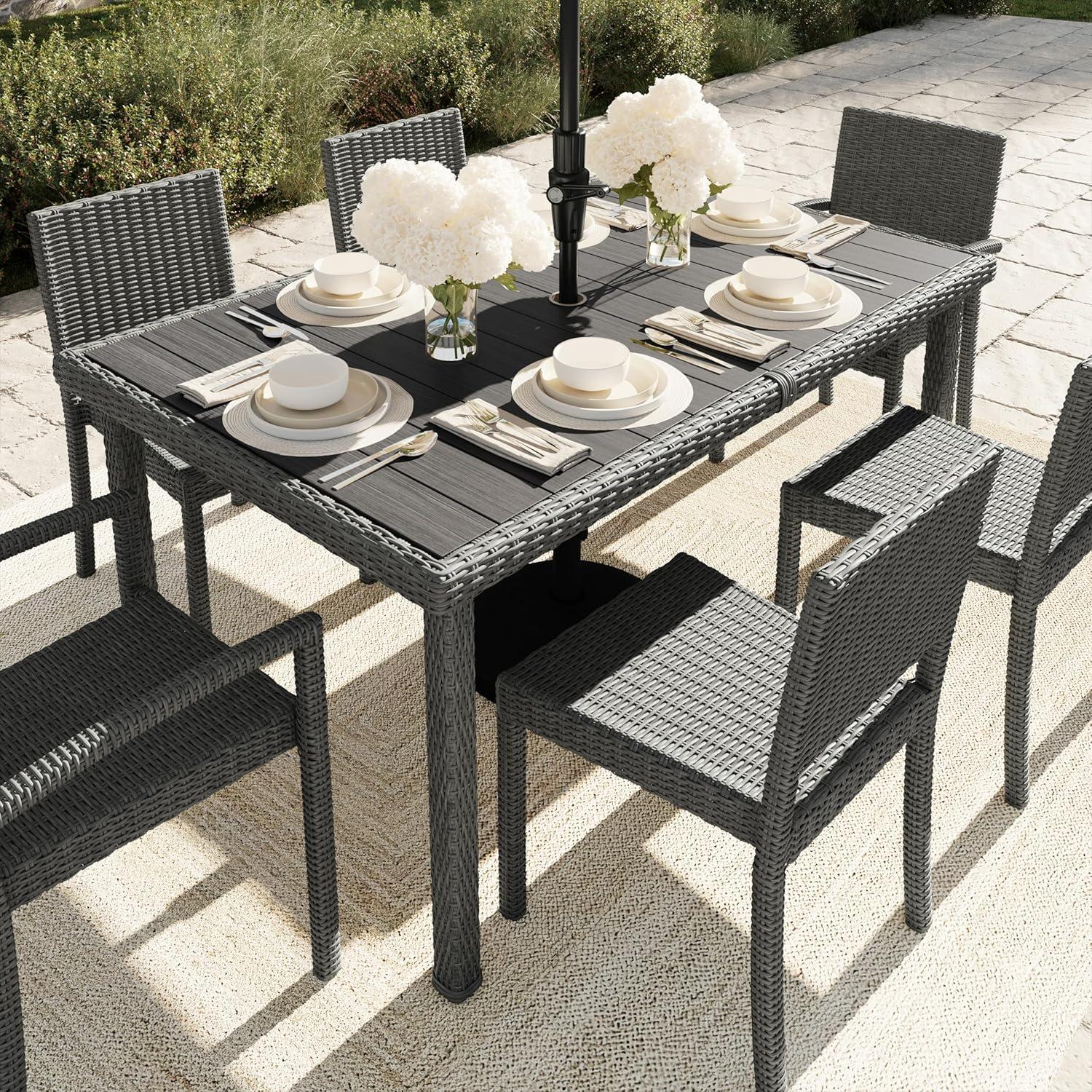 imageMartha Stewart Bedford 71 IndoorOutdoor Patio Table with Faux Wood Top and Rattan Wicker Finish in BrownGrey
