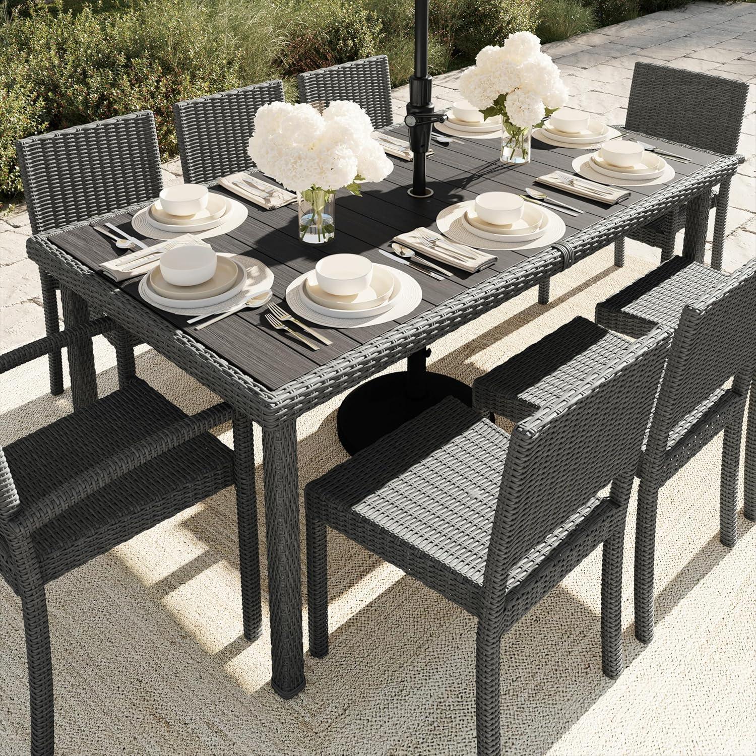 imageMartha Stewart Bedford 71 IndoorOutdoor Patio Table with Faux Wood Top and Rattan Wicker Finish in BrownGrey