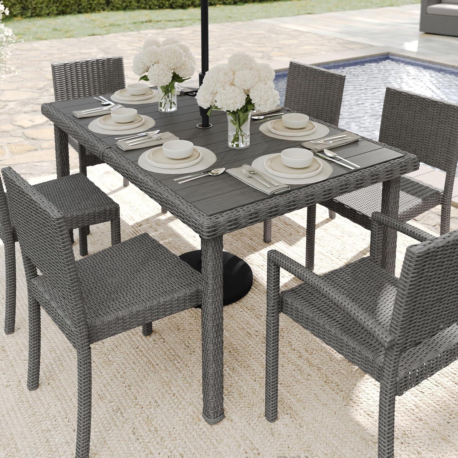 imageMartha Stewart Bedford 71 IndoorOutdoor Patio Table with Faux Wood Top and Rattan Wicker Finish in BrownGrey