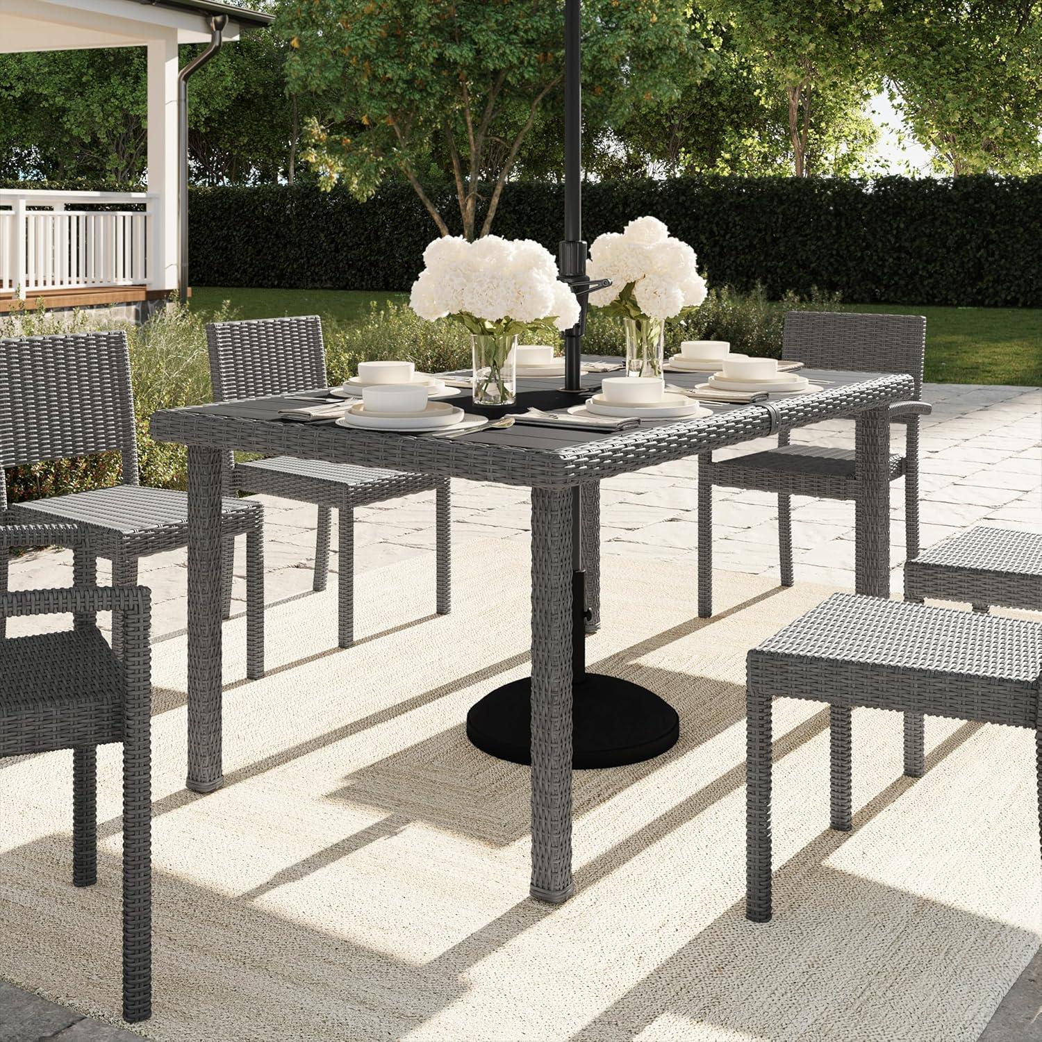 imageMartha Stewart Bedford 71 IndoorOutdoor Patio Table with Faux Wood Top and Rattan Wicker Finish in BrownGrey