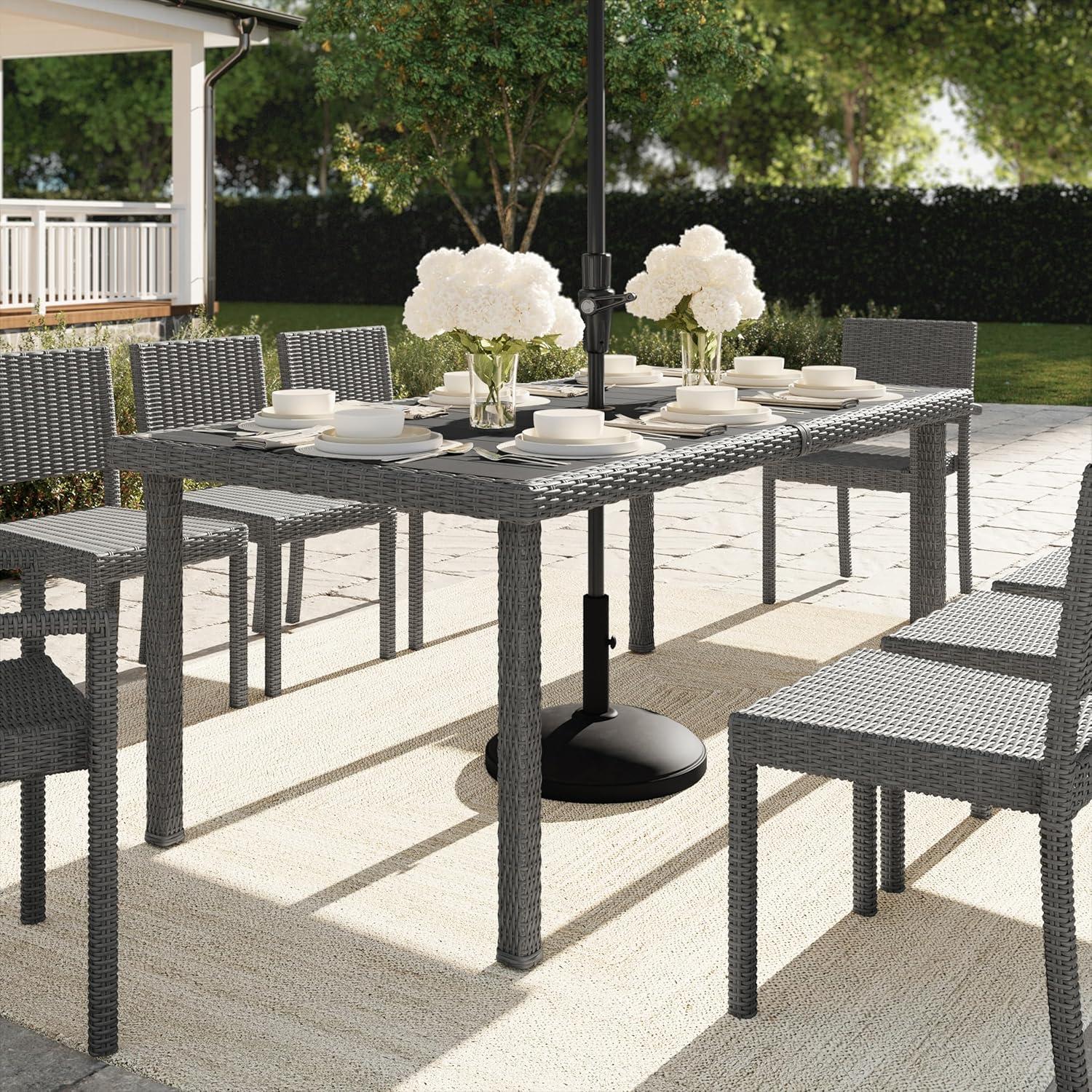 imageMartha Stewart Bedford 71 IndoorOutdoor Patio Table with Faux Wood Top and Rattan Wicker Finish in BrownGrey