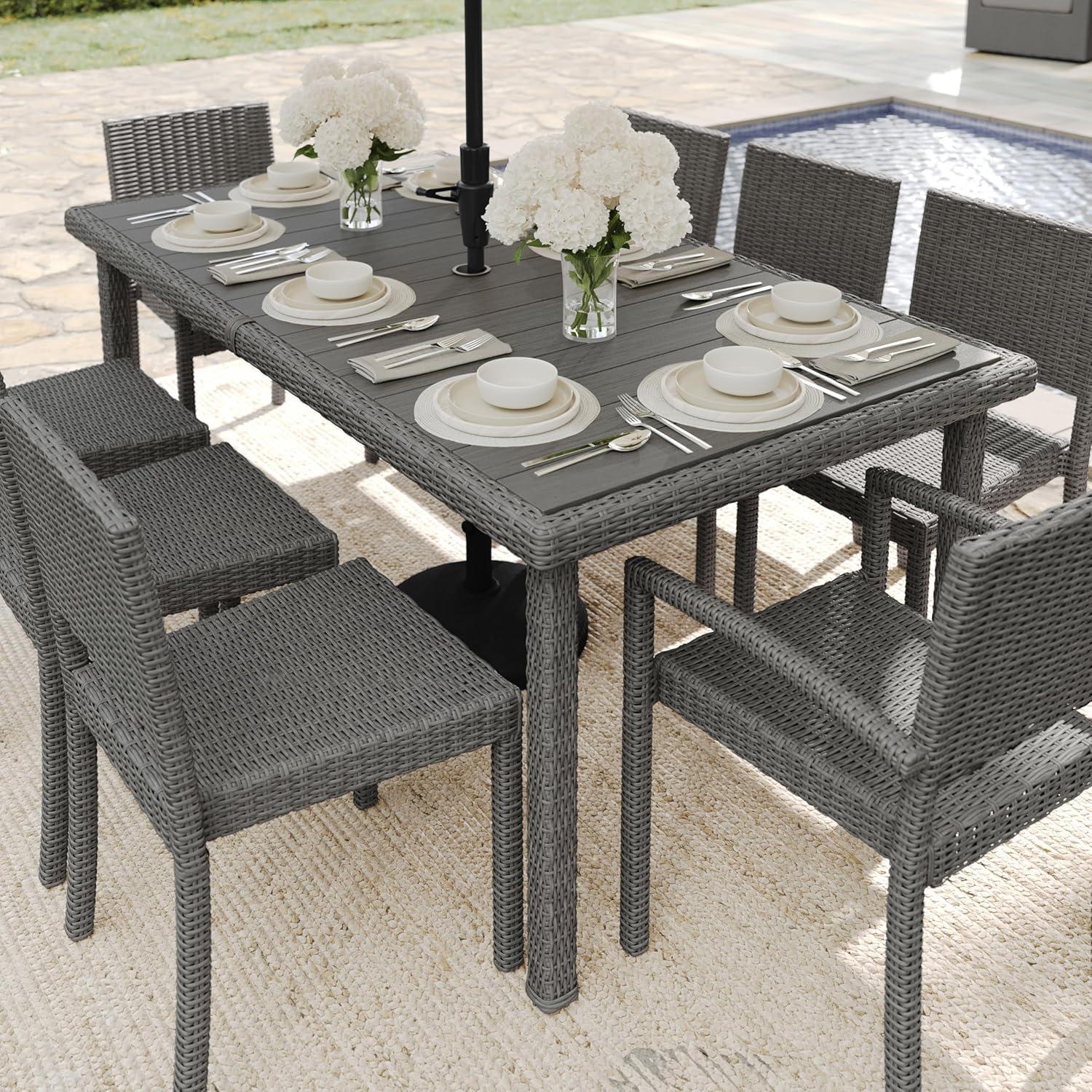 imageMartha Stewart Bedford 71 IndoorOutdoor Patio Table with Faux Wood Top and Rattan Wicker Finish in BrownGrey