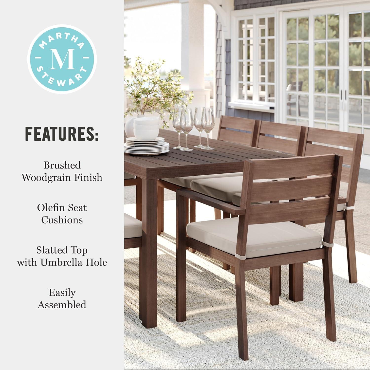 imageMartha Stewart Bedford 9 Piece Patio Set with 71 Table and 8 Stackable Chairs with Brown Brushed Woodgrain Aluminum Finish Cream AllWeather Seat Cushions