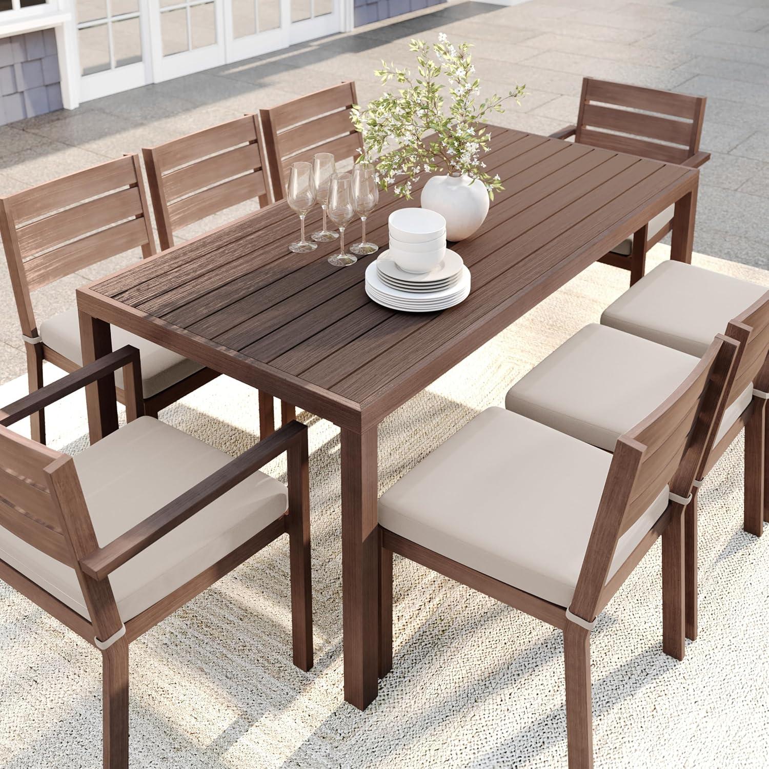 imageMartha Stewart Bedford 9 Piece Patio Set with 71 Table and 8 Stackable Chairs with Brown Brushed Woodgrain Aluminum Finish Cream AllWeather Seat Cushions