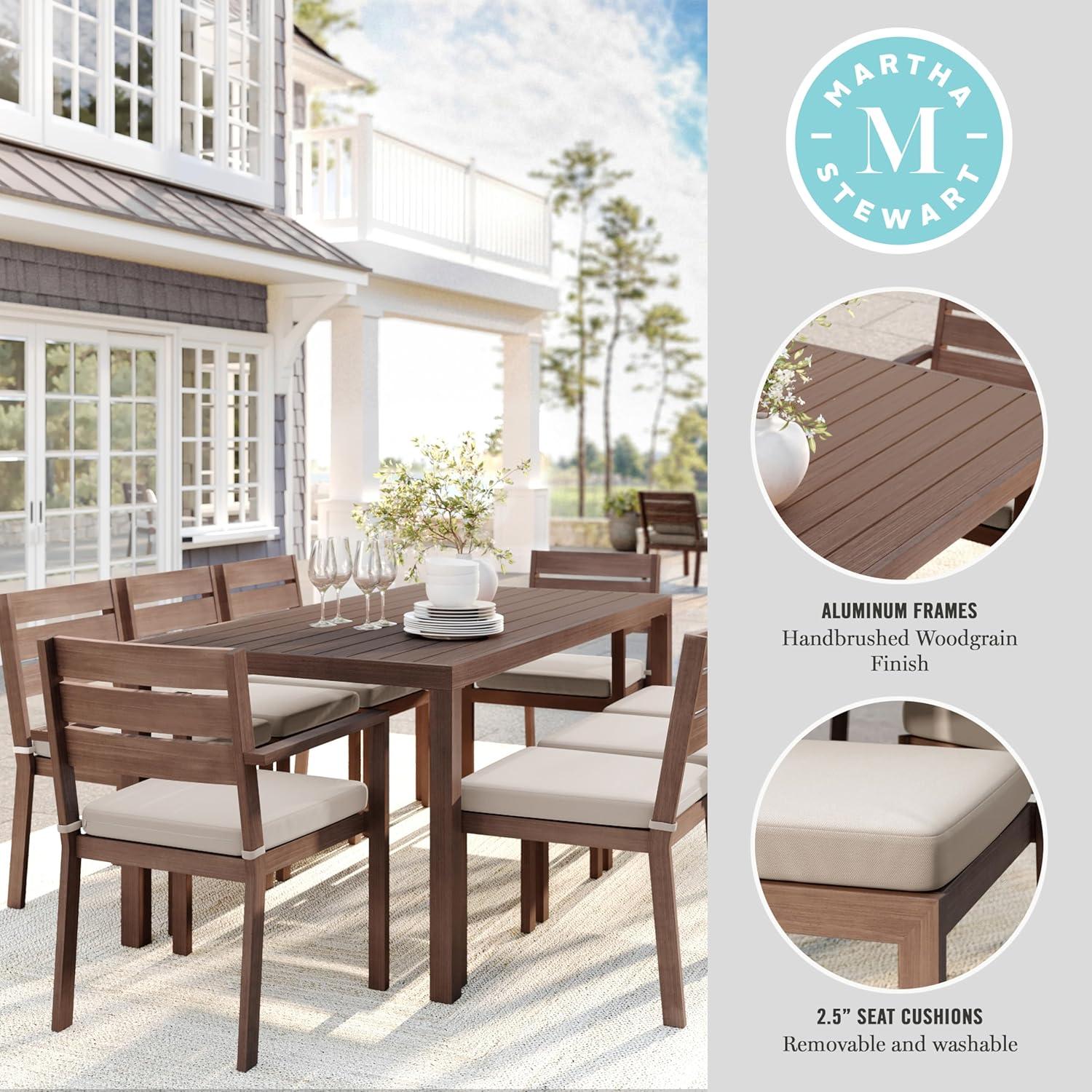 imageMartha Stewart Bedford 9 Piece Patio Set with 71 Table and 8 Stackable Chairs with Brown Brushed Woodgrain Aluminum Finish Cream AllWeather Seat Cushions