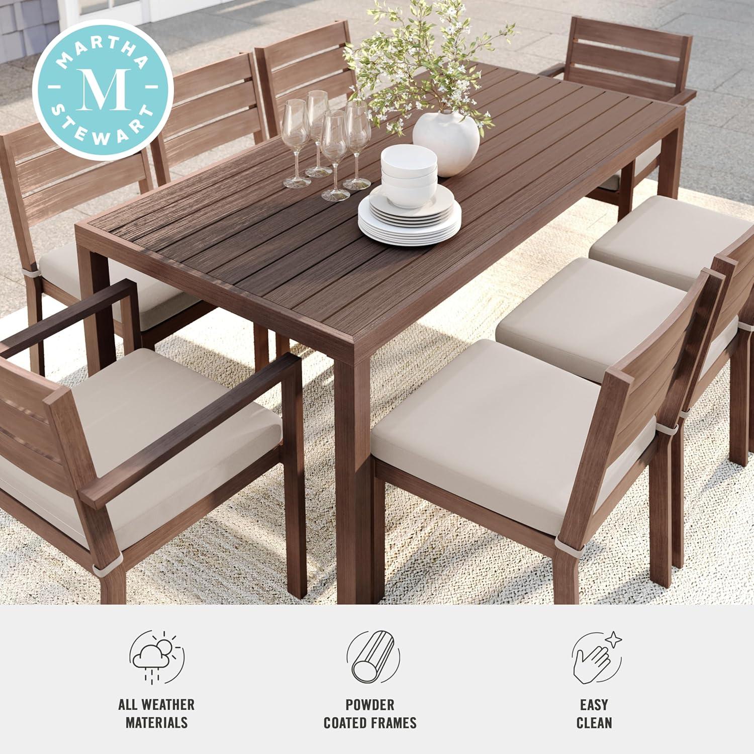 imageMartha Stewart Bedford 9 Piece Patio Set with 71 Table and 8 Stackable Chairs with Brown Brushed Woodgrain Aluminum Finish Cream AllWeather Seat Cushions