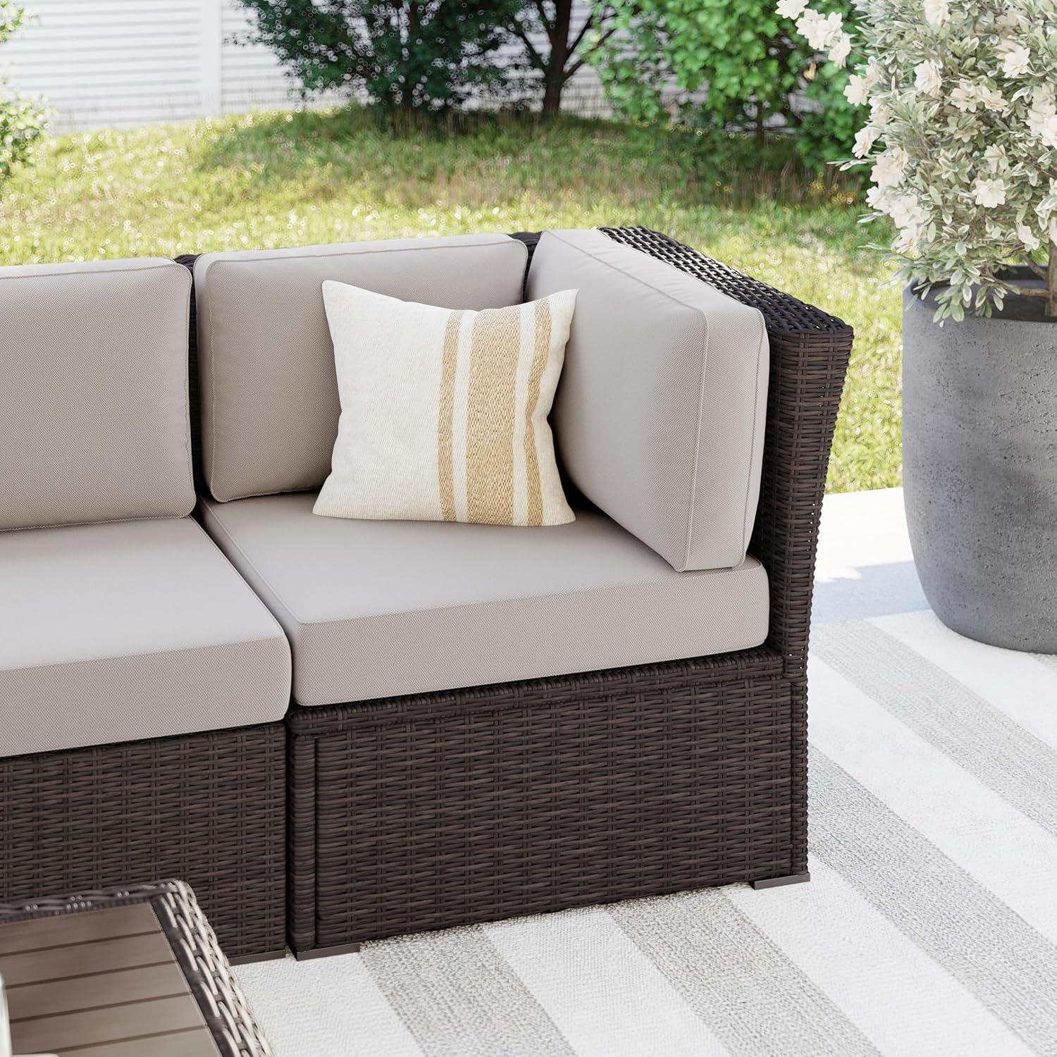 imageMartha Stewart Bedford IndoorOutdoor Modular Patio Sectional Sofa Center Seat with Rattan Wicker Finish in Gray with Gray AllWeather CushionsTan CushionsBrown Frame