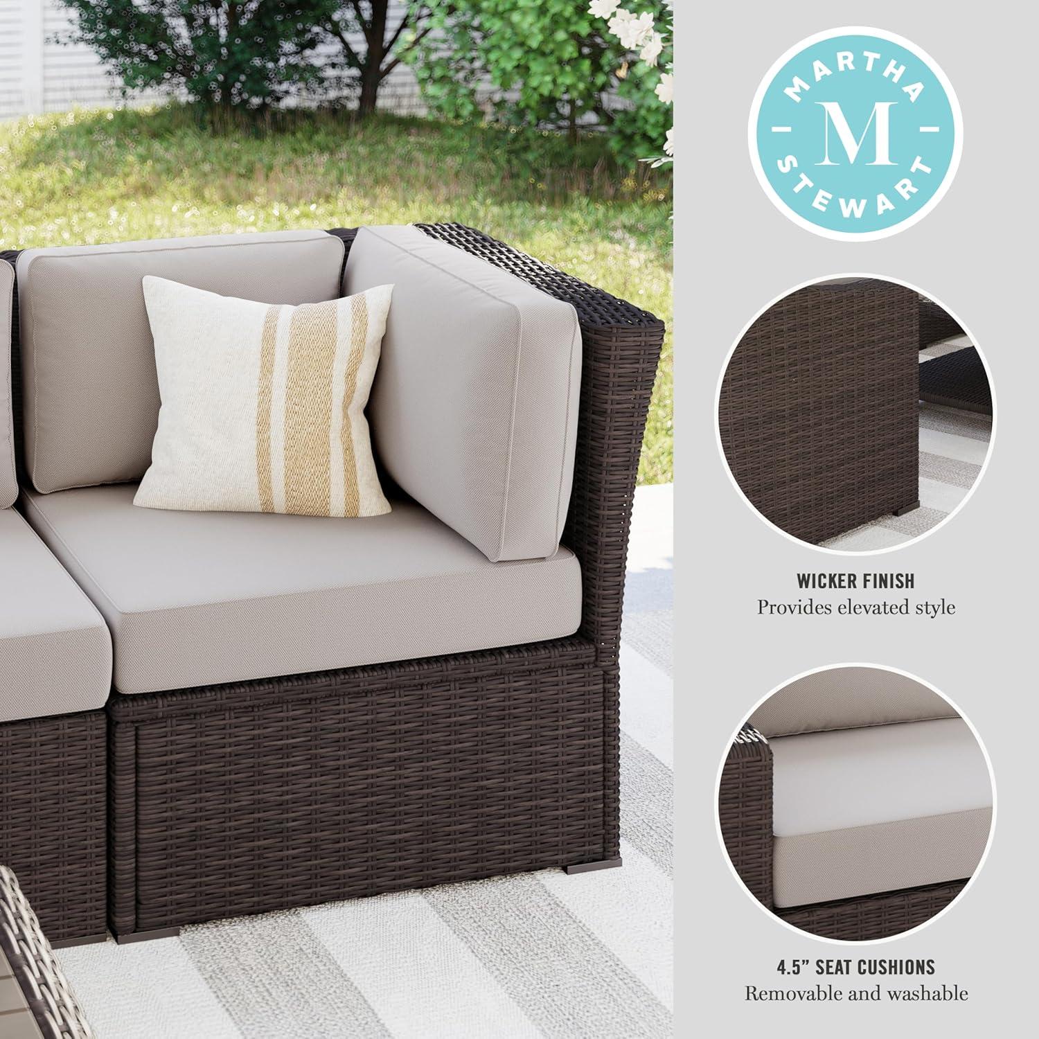 imageMartha Stewart Bedford IndoorOutdoor Modular Patio Sectional Sofa Center Seat with Rattan Wicker Finish in Gray with Gray AllWeather CushionsTan CushionsBrown Frame