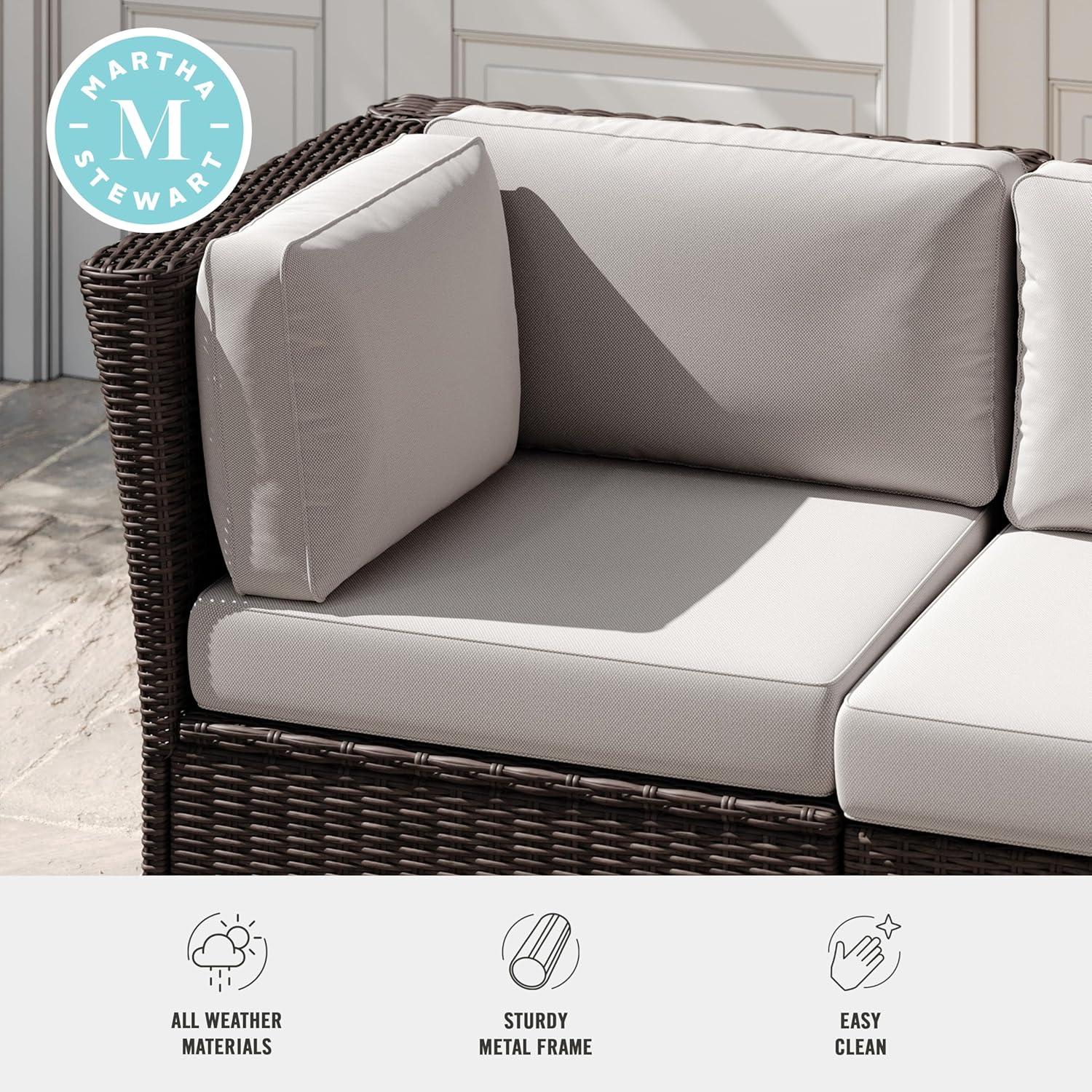imageMartha Stewart Bedford IndoorOutdoor Modular Patio Sectional Sofa Center Seat with Rattan Wicker Finish in Gray with Gray AllWeather CushionsTan CushionsBrown Frame