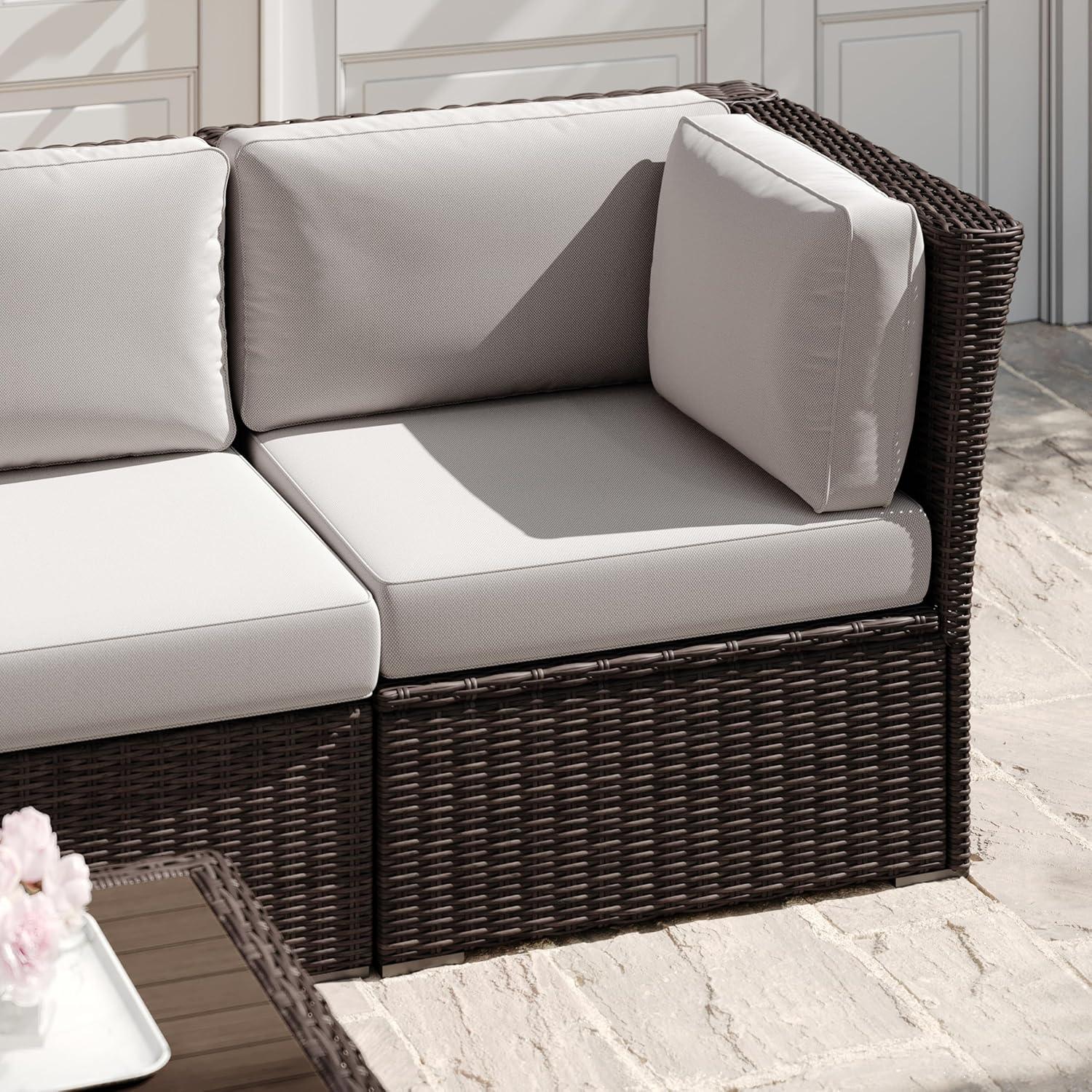 imageMartha Stewart Bedford IndoorOutdoor Modular Patio Sectional Sofa Center Seat with Rattan Wicker Finish in Gray with Gray AllWeather CushionsTan CushionsBrown Frame