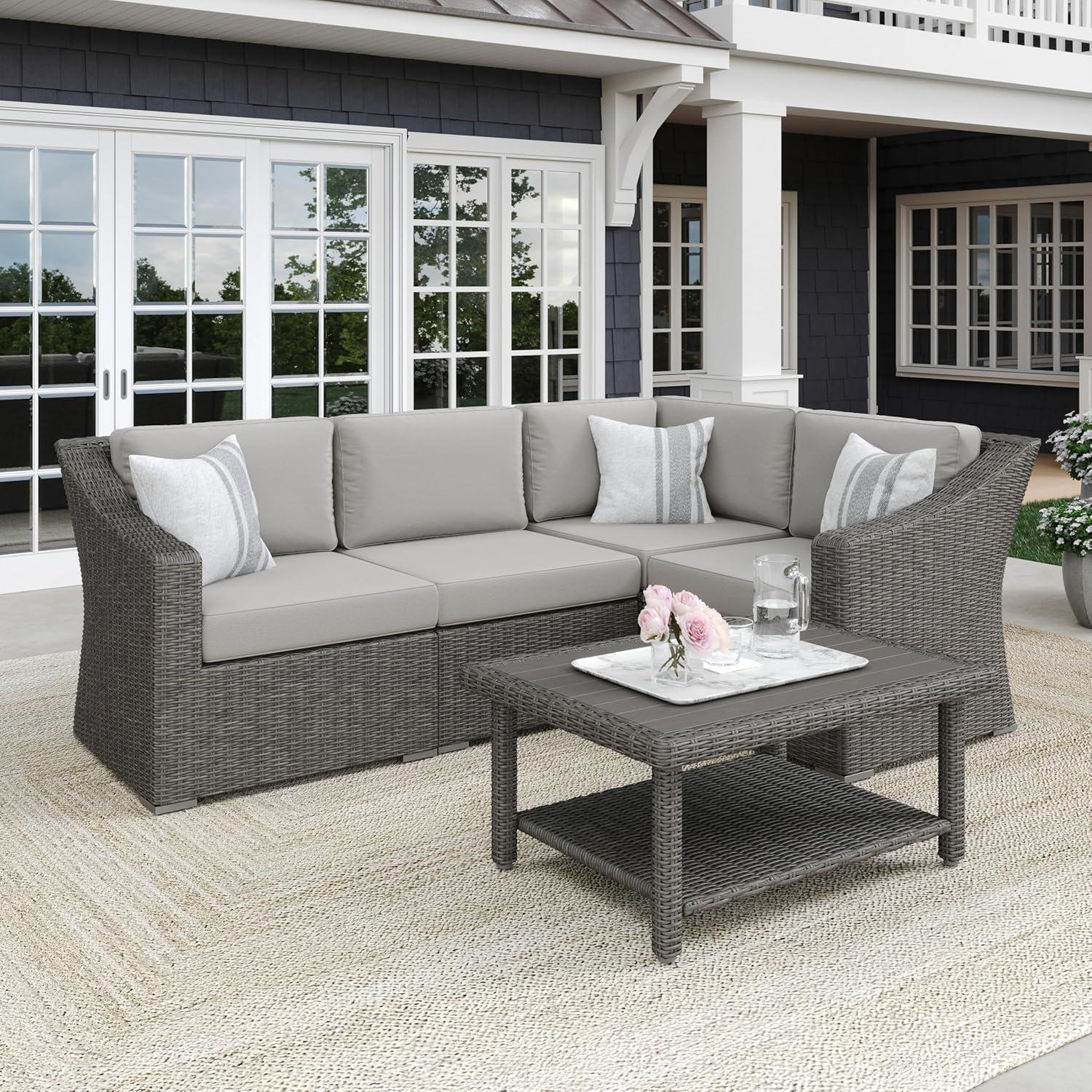 imageMartha Stewart Bedford IndoorOutdoor Modular Patio Sectional Sofa for 4 with Rattan Wicker Finish in Brown with Tan AllWeather CushionsGray CushionsGray Frame