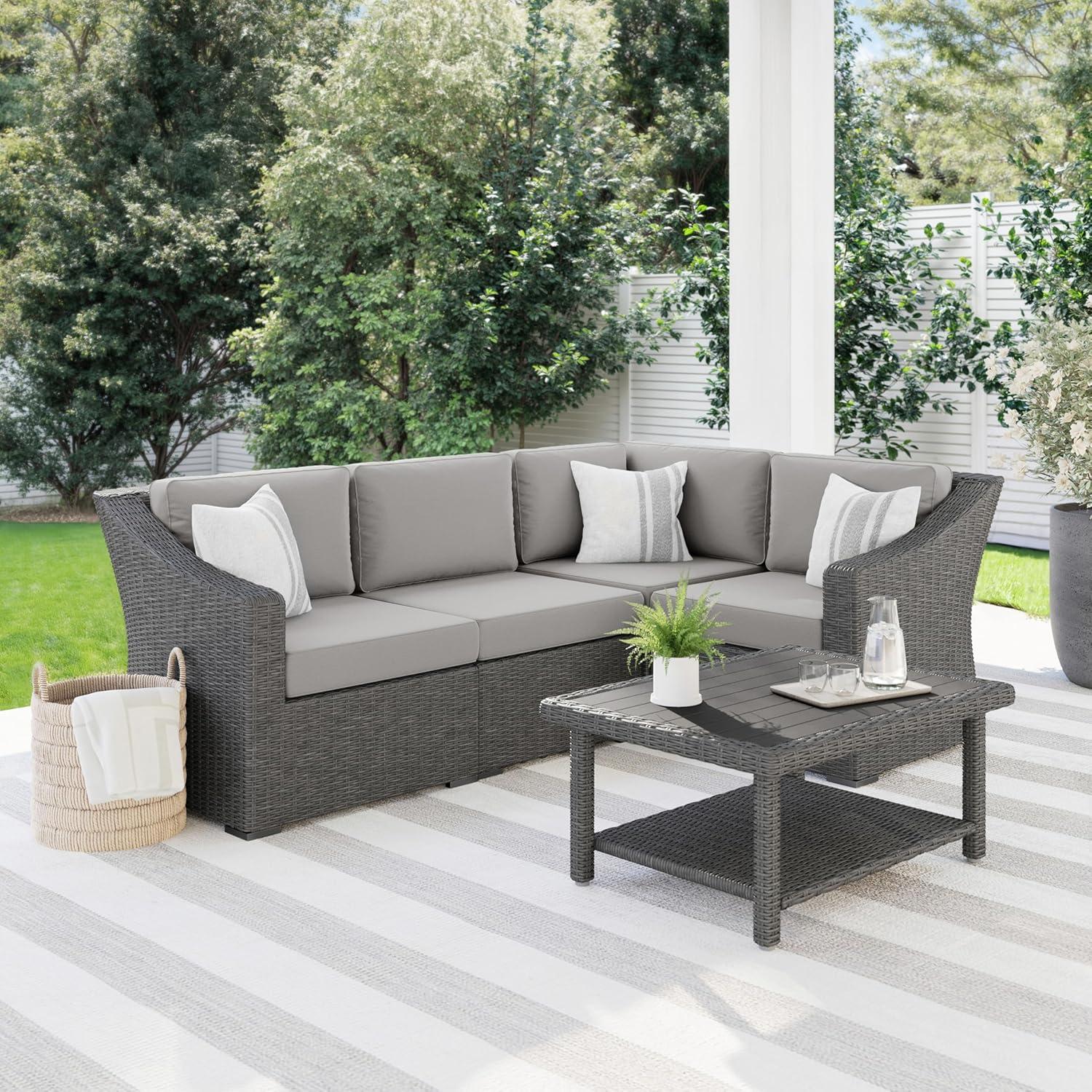 imageMartha Stewart Bedford IndoorOutdoor Modular Patio Sectional Sofa for 4 with Rattan Wicker Finish in Brown with Tan AllWeather CushionsGray CushionsGray Frame