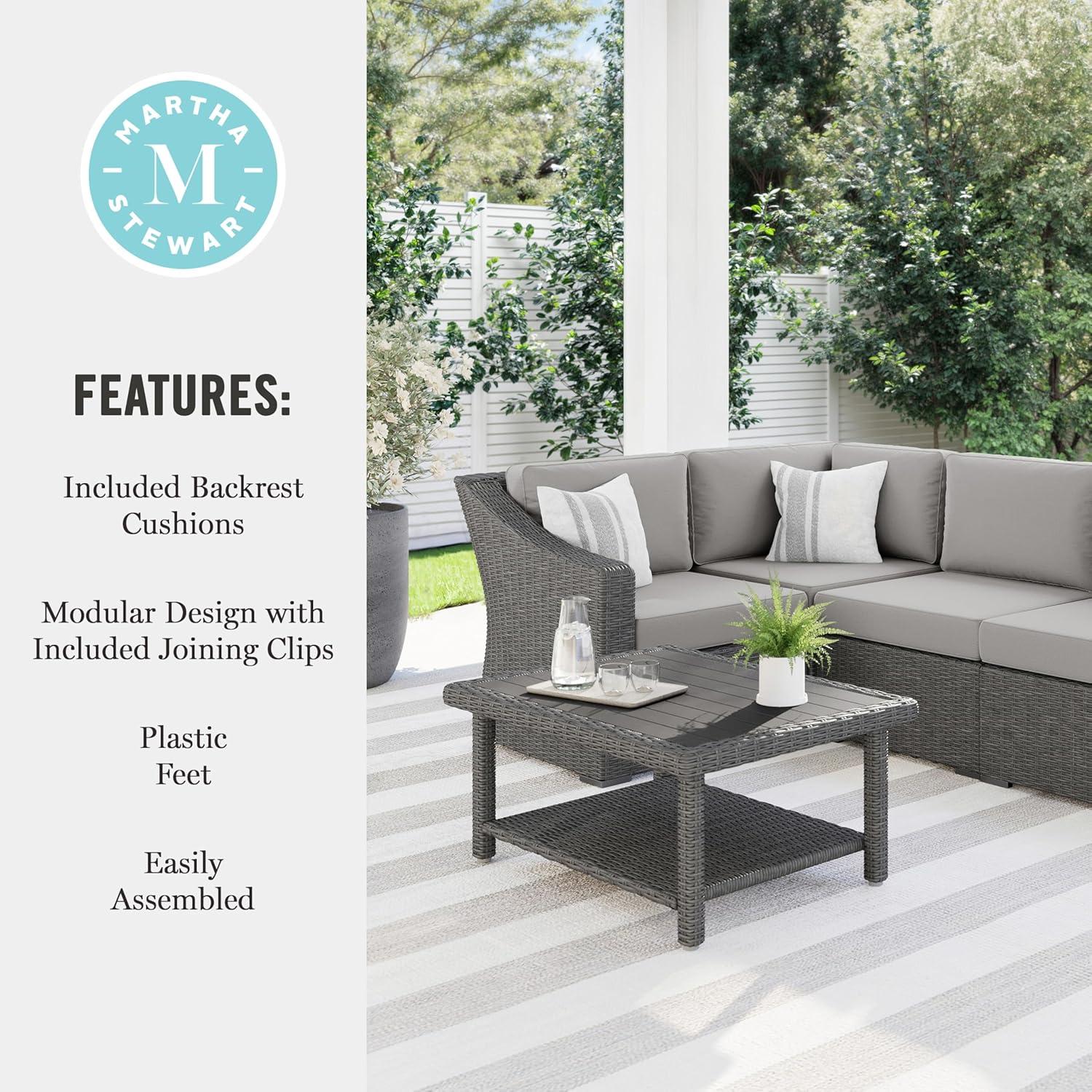 imageMartha Stewart Bedford IndoorOutdoor Modular Patio Sectional Sofa for 4 with Rattan Wicker Finish in Brown with Tan AllWeather CushionsGray CushionsGray Frame