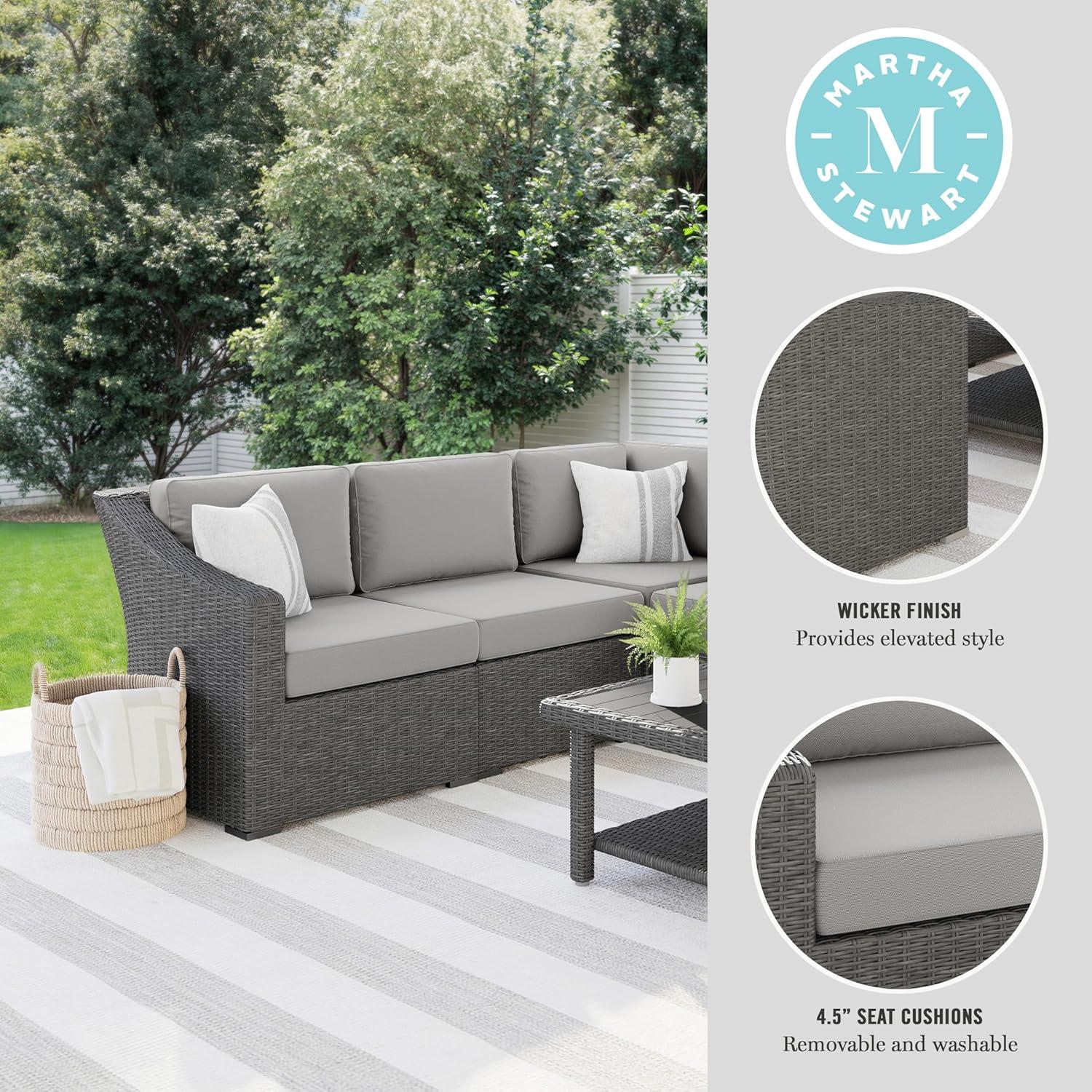 imageMartha Stewart Bedford IndoorOutdoor Modular Patio Sectional Sofa for 4 with Rattan Wicker Finish in Brown with Tan AllWeather CushionsGray CushionsGray Frame