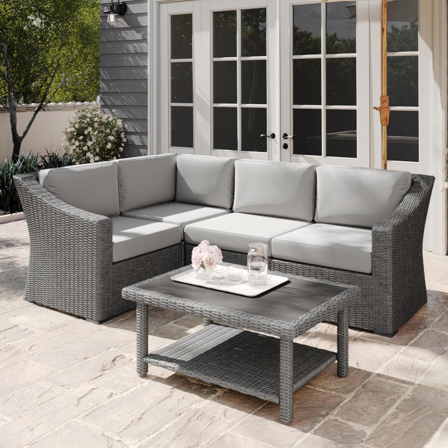 imageMartha Stewart Bedford IndoorOutdoor Modular Patio Sectional Sofa for 4 with Rattan Wicker Finish in Brown with Tan AllWeather CushionsGray CushionsGray Frame