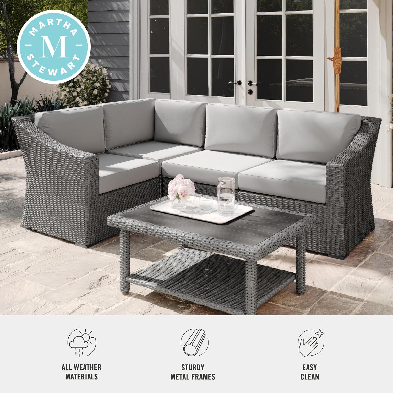 imageMartha Stewart Bedford IndoorOutdoor Modular Patio Sectional Sofa for 4 with Rattan Wicker Finish in Brown with Tan AllWeather CushionsGray CushionsGray Frame