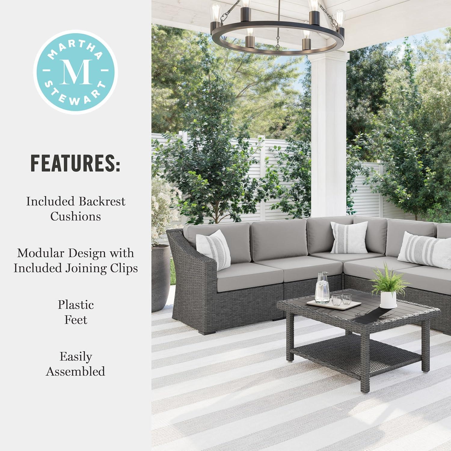 imageMartha Stewart Bedford IndoorOutdoor Modular Patio Sectional Sofa for 6 with Rattan Wicker Finish in Brown with Tan AllWeather CushionsGray CushionsGray Frame