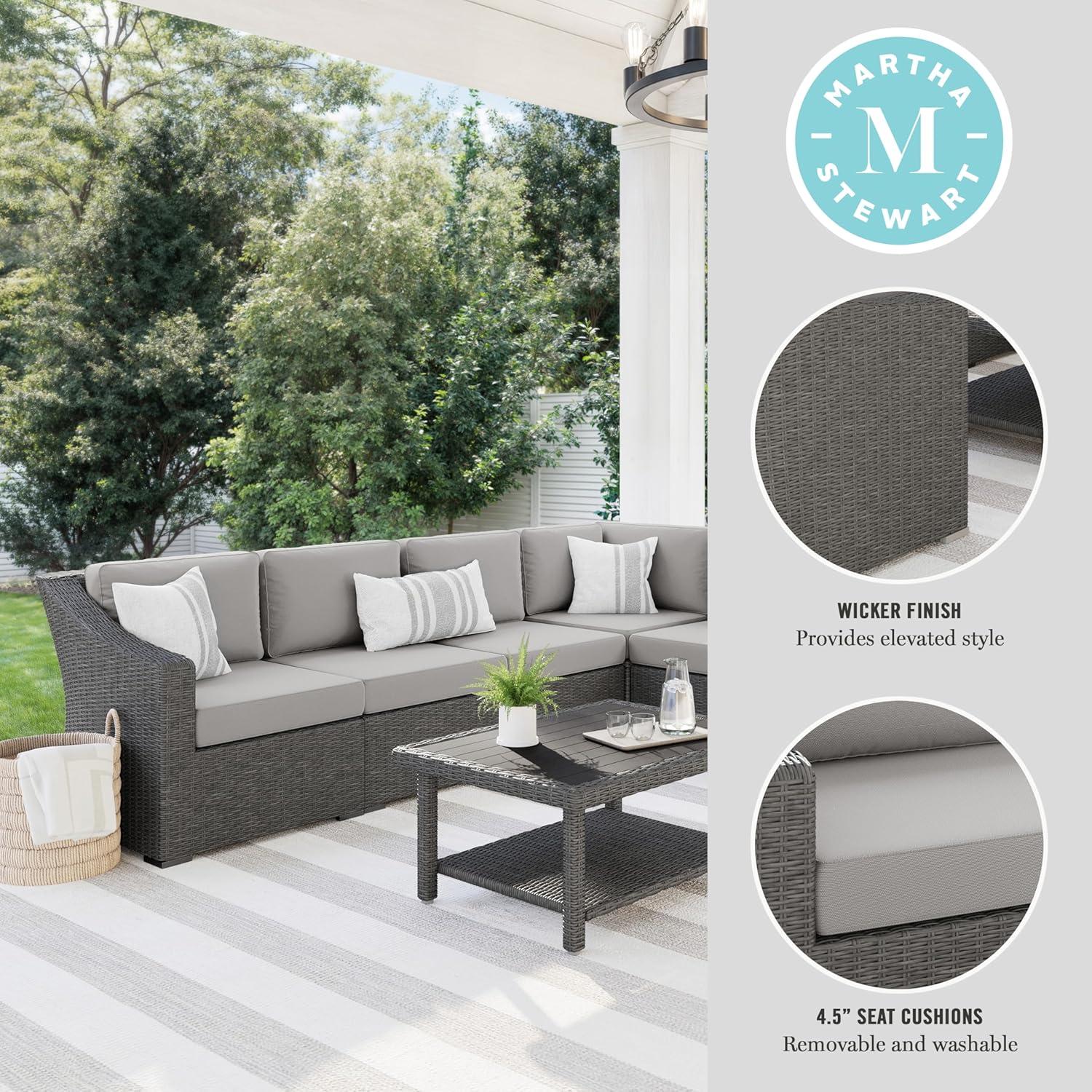 imageMartha Stewart Bedford IndoorOutdoor Modular Patio Sectional Sofa for 6 with Rattan Wicker Finish in Brown with Tan AllWeather CushionsGray CushionsGray Frame