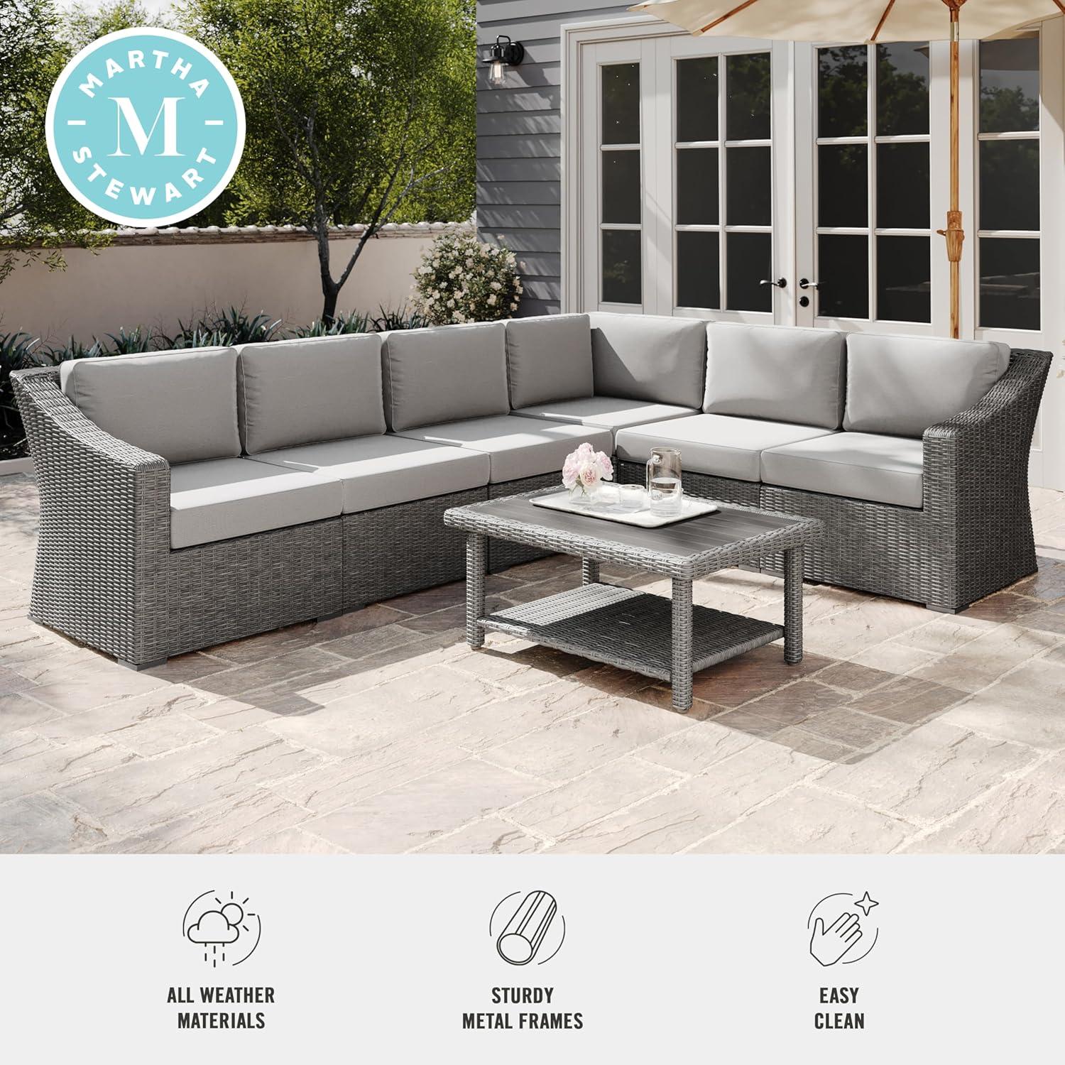 imageMartha Stewart Bedford IndoorOutdoor Modular Patio Sectional Sofa for 6 with Rattan Wicker Finish in Brown with Tan AllWeather CushionsGray CushionsGray Frame