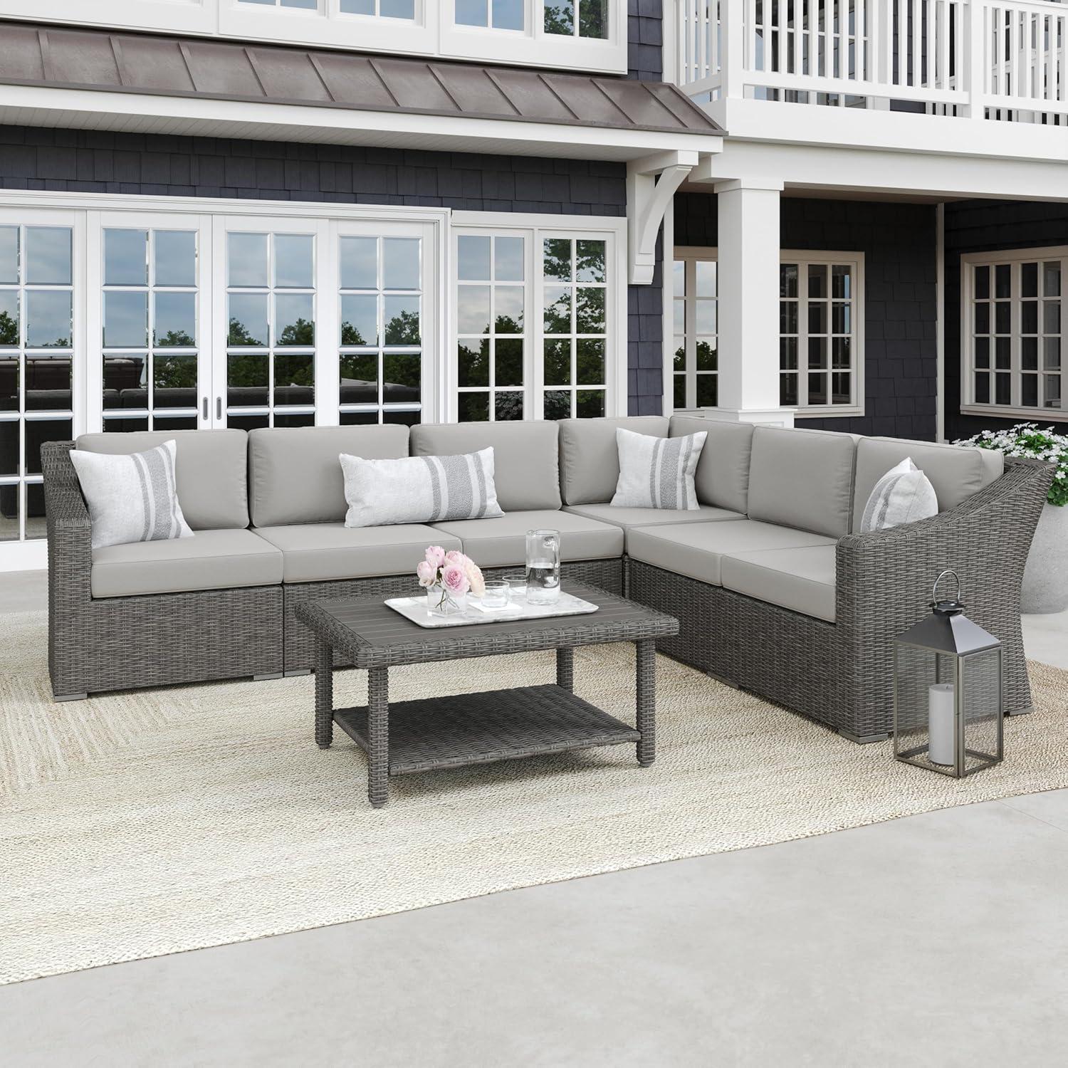 imageMartha Stewart Bedford IndoorOutdoor Modular Patio Sectional Sofa for 6 with Rattan Wicker Finish in Brown with Tan AllWeather CushionsGray CushionsGray Frame